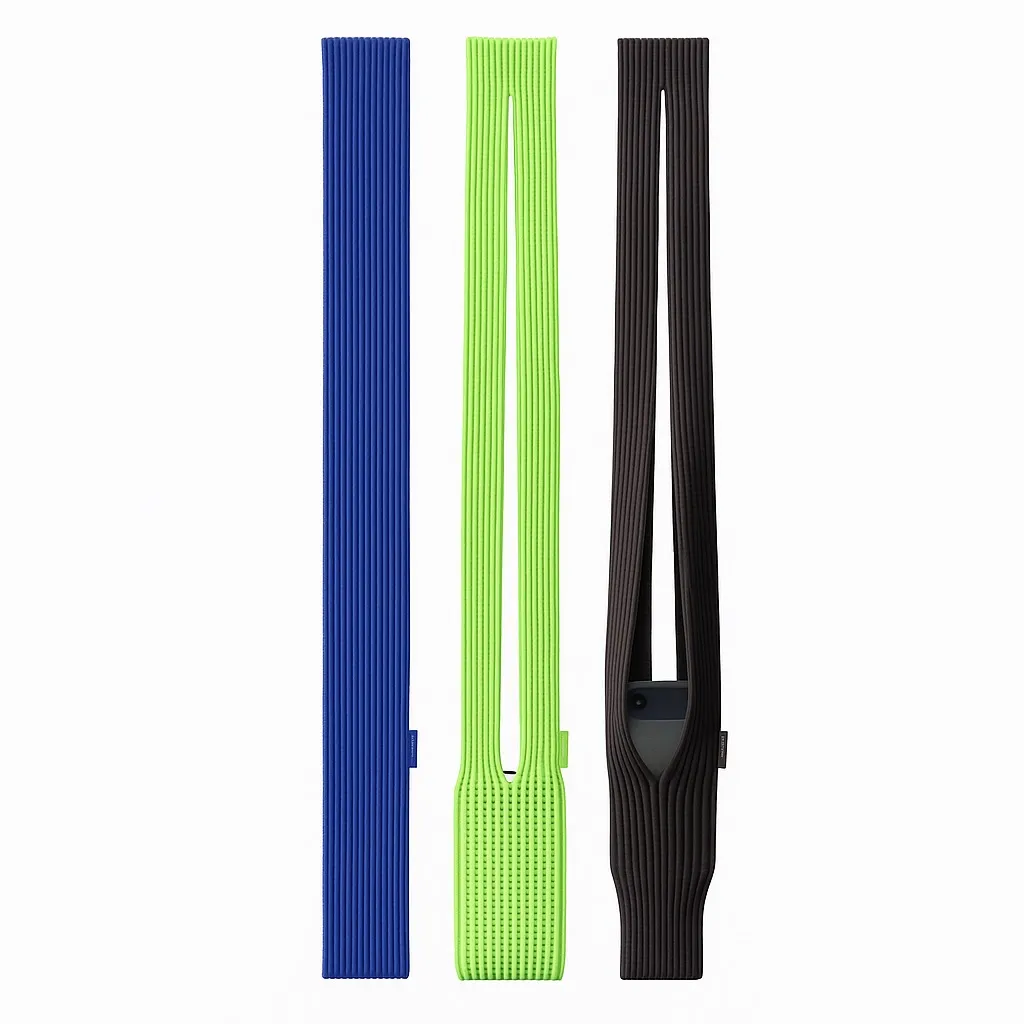 Three ribbed iphone sweater-like pockets shown side by side in blue, fluorescent green, and black.