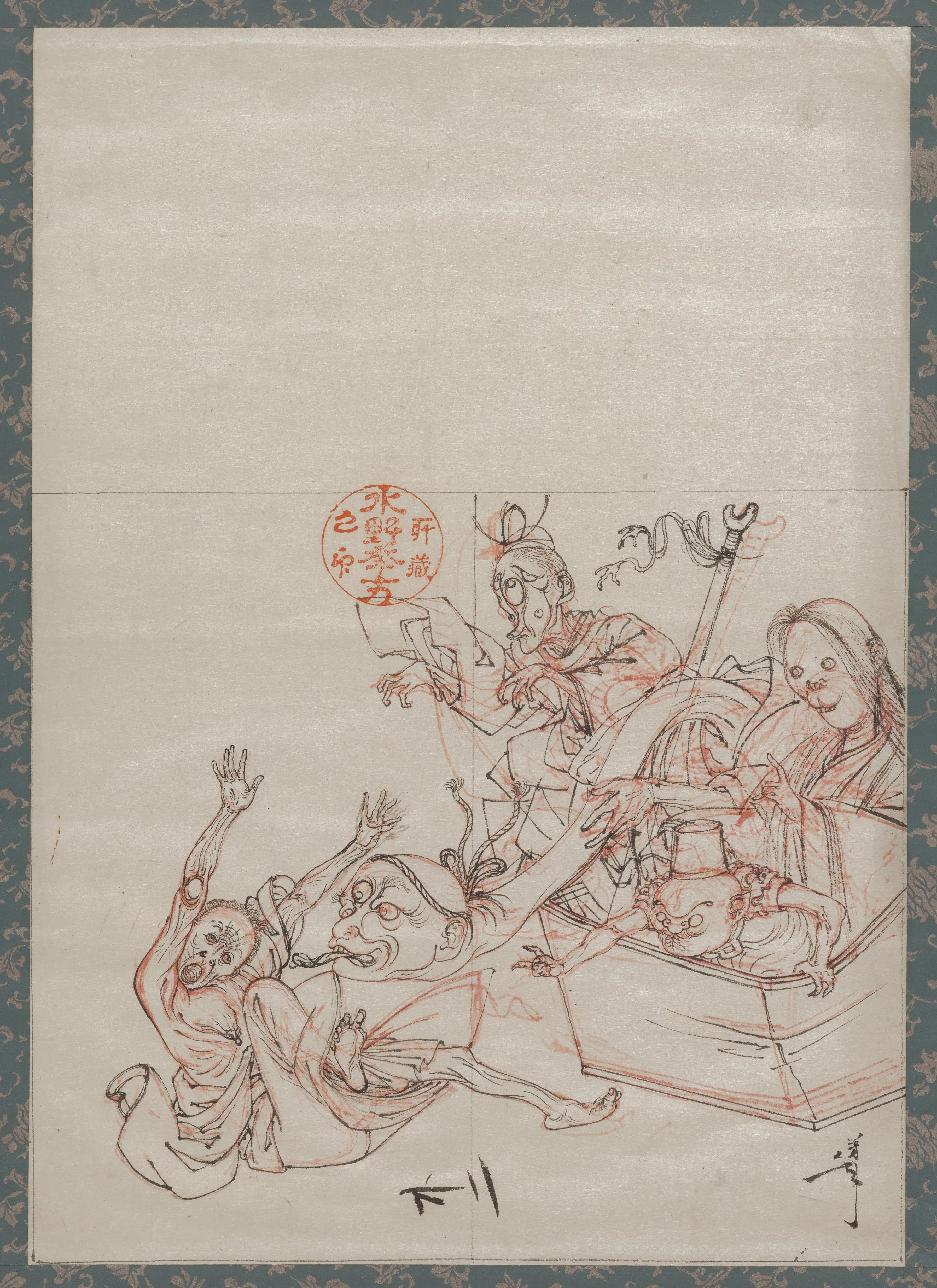 Monsters jumping out of a box scaring a man, draft for the print 'The Heavy Basket' (Omoi tsuzura)