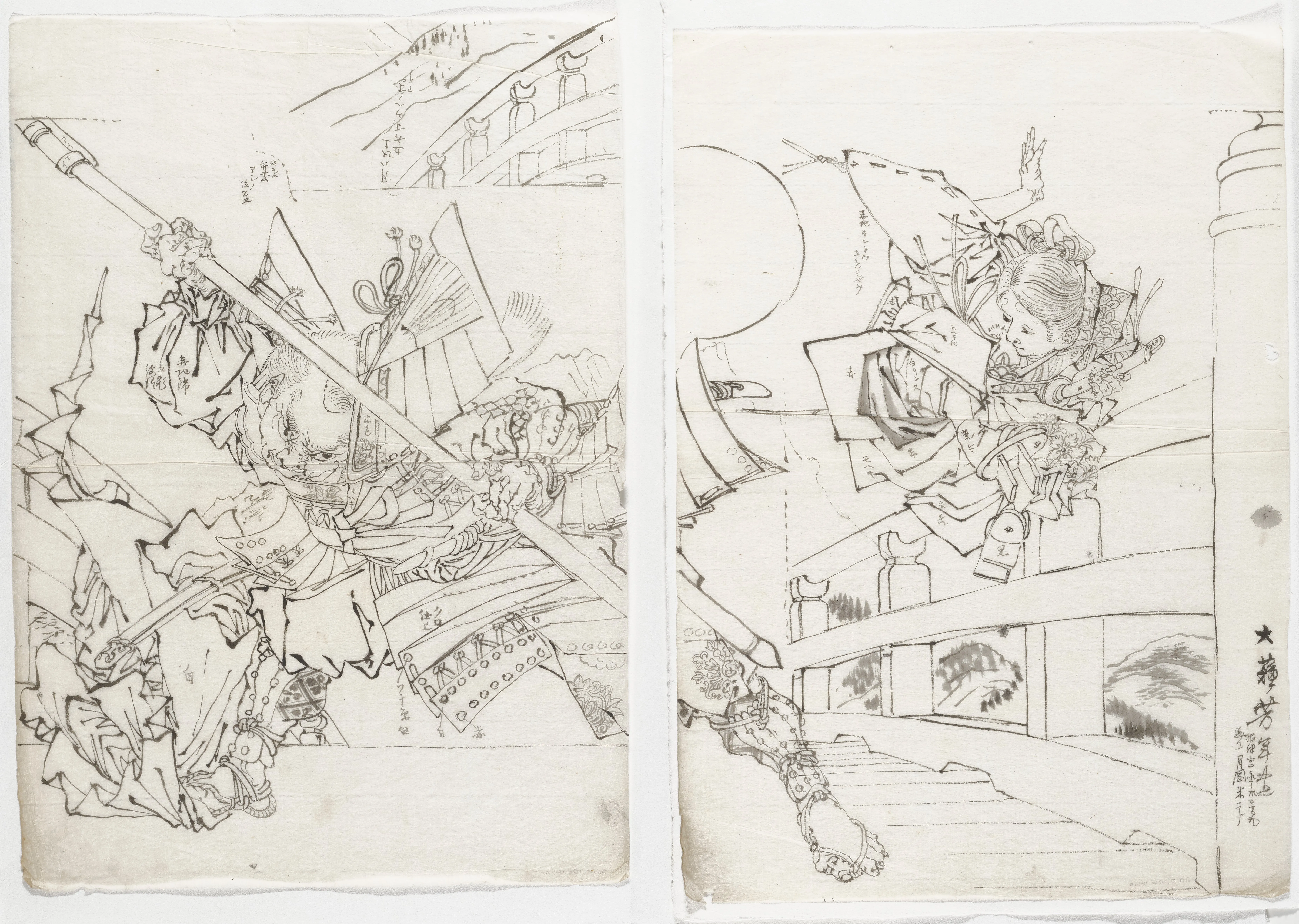 Preparatory drawing and final print of Picture of the Gojō Bridge from the Chronicle of Yoshitsune