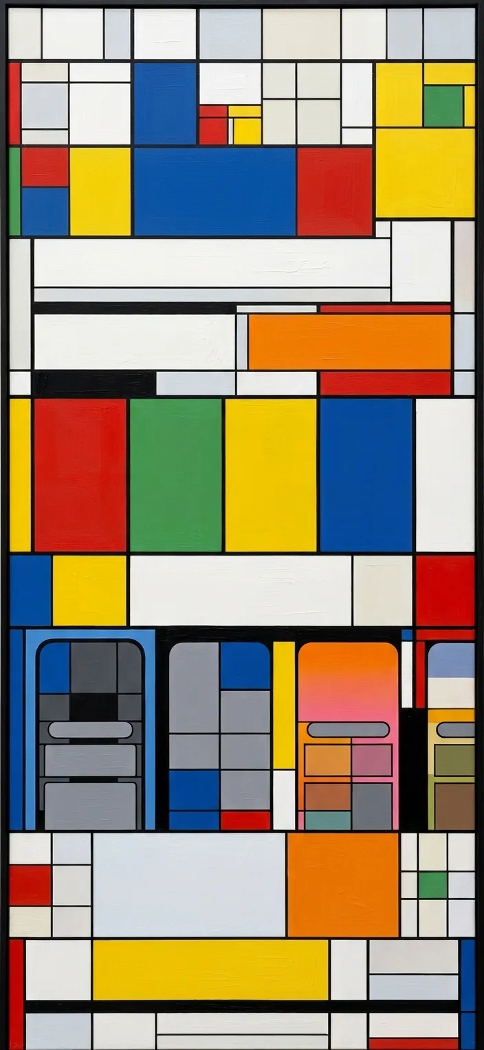 An abstract Piet Mondrian–style painting based on a phone screenshot layout, composed strictly of geometric gridlines and solid color blocks in red, yellow, blue, green, orange, and gray.