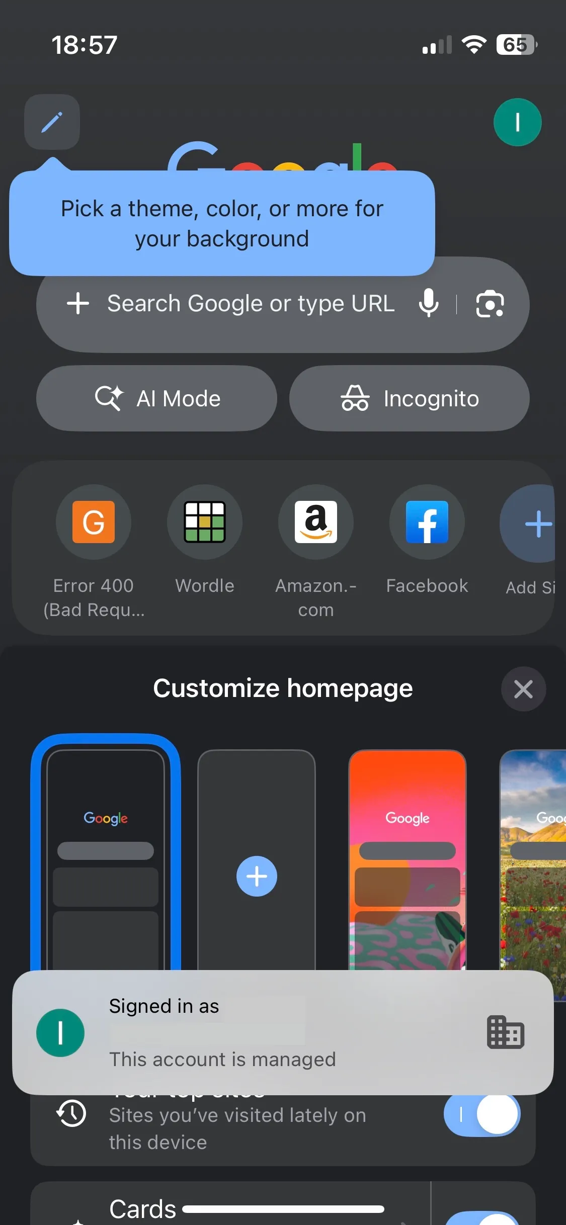 A vertical screenshot of a super busy and shitty mobile web browser homepage featuring a Google search bar, app shortcuts, a Pick a theme prompt, and a Customize homepage menu.