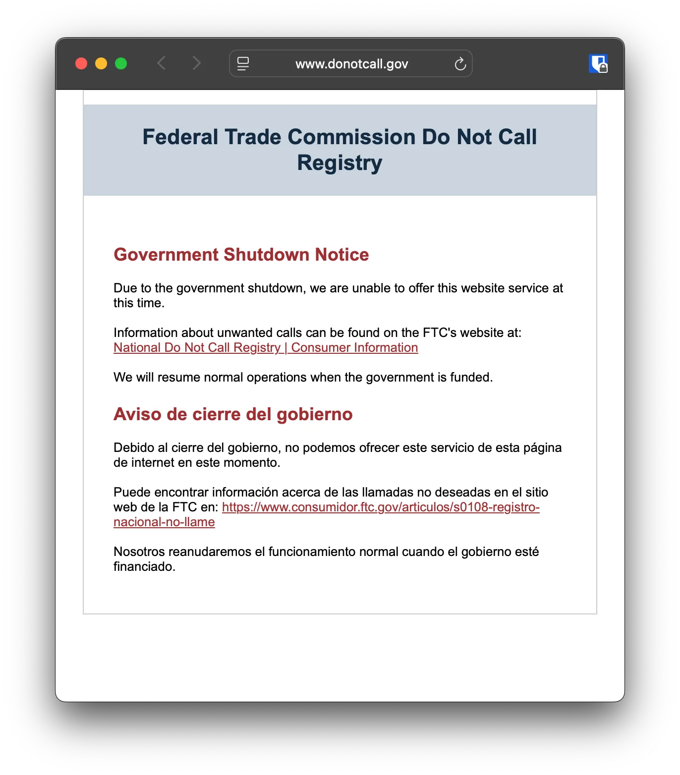 Screenshot of the Do Not Call registry