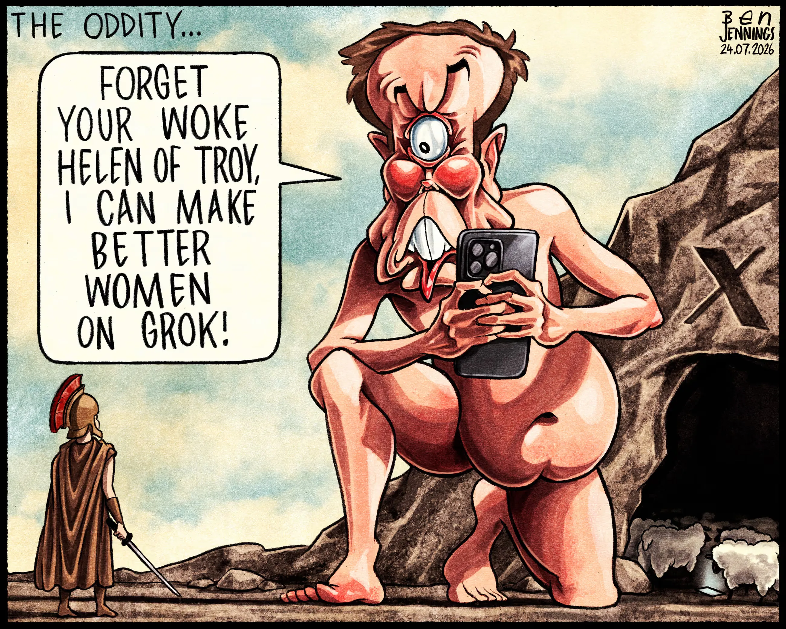 A comic by Ben jennings showing elon as the cyclops polyphemus telling a soldier he's going to make a better Helen of Troy with his AI Grok