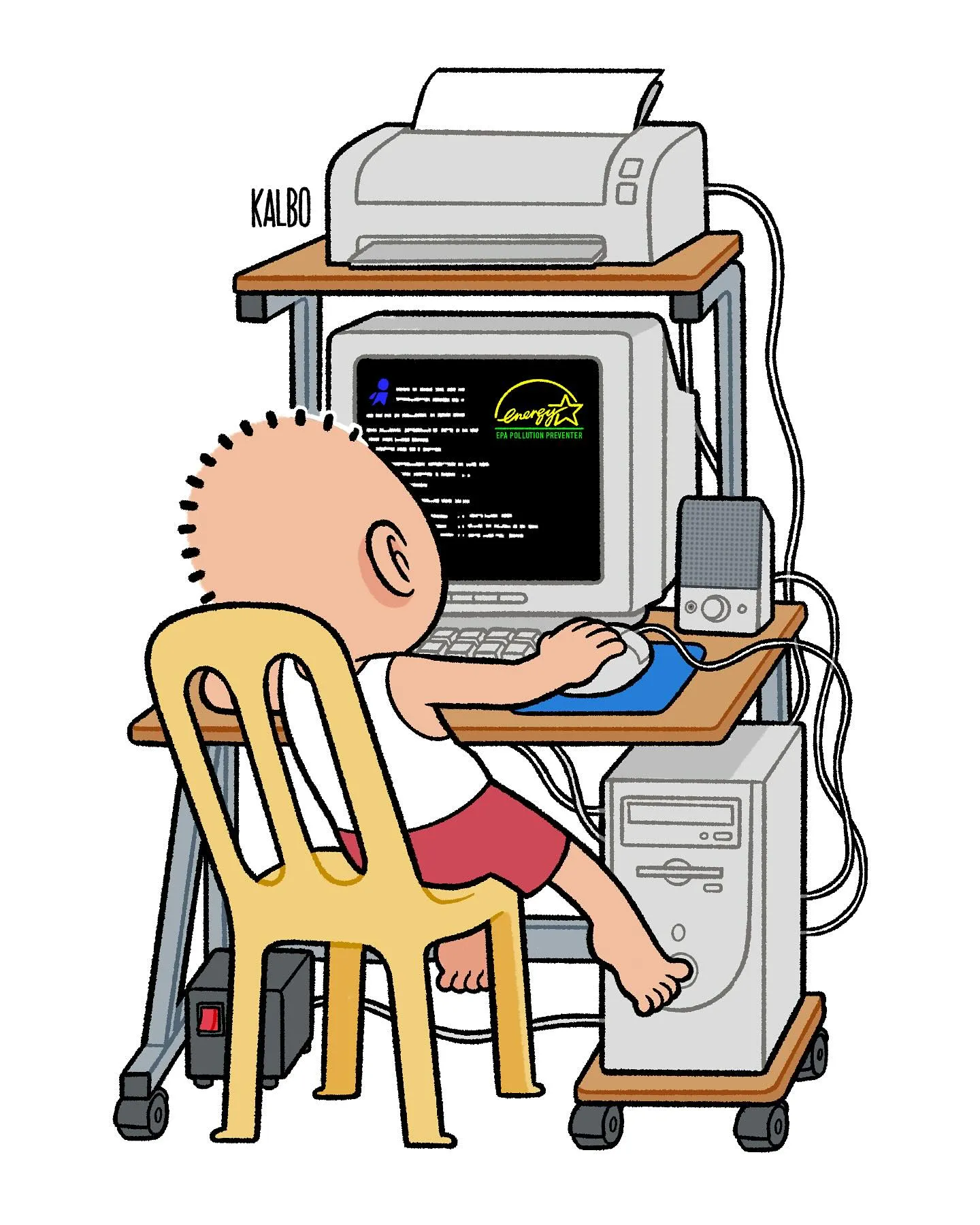 A little kid in front of a 90s style computer with a monitor, speakers, and tower