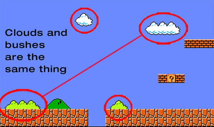 Sprite reuse in Super Mario Bros. The Clouds and Bushes are the same sprite