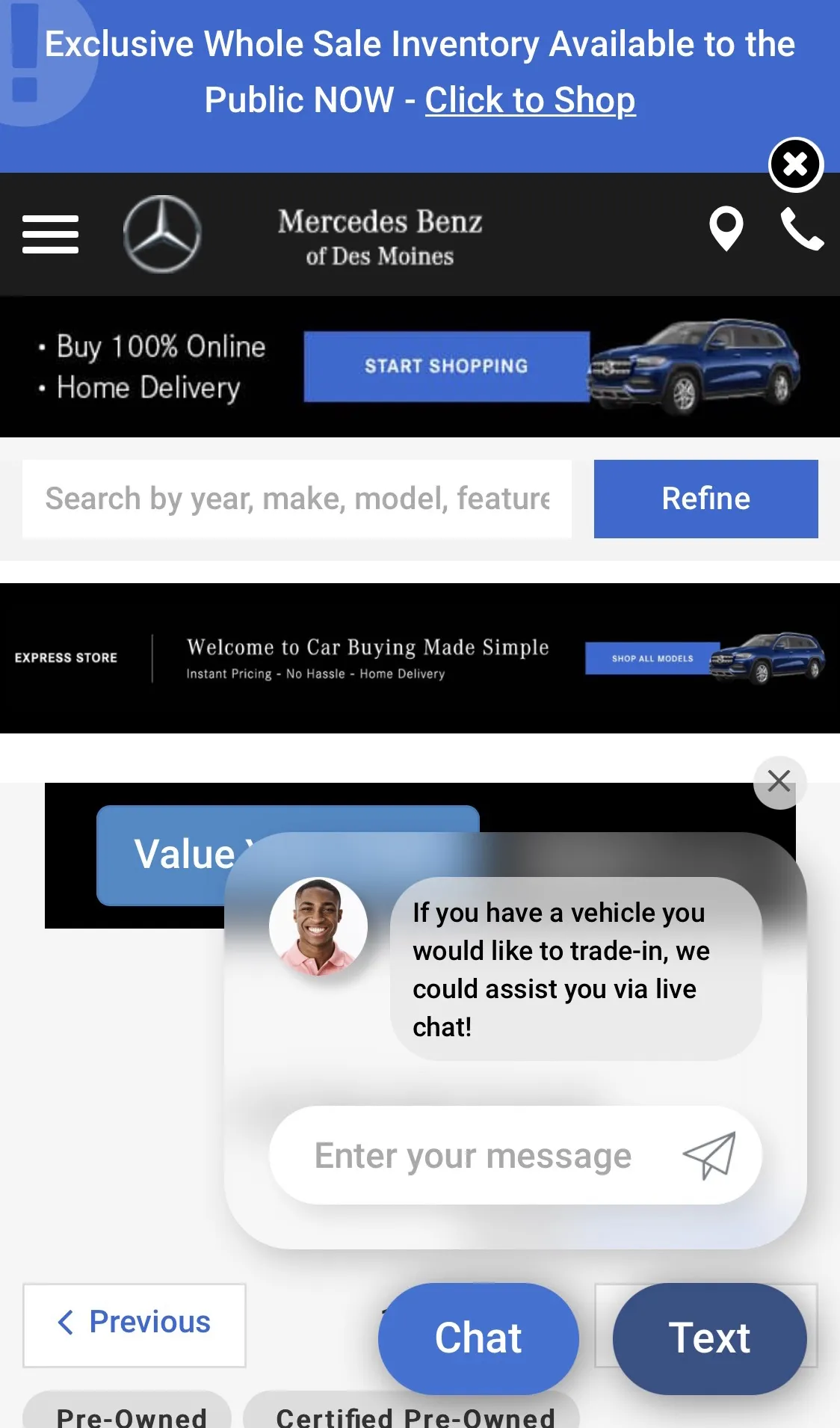 Mercedes Benz of Des Moines' website as of July 2021