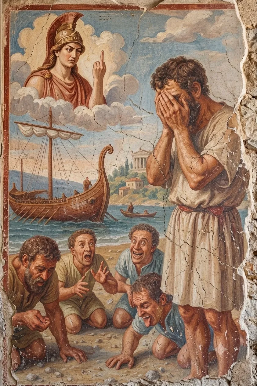 Athena flipping off Odysseus from the Heavens as his seamen devour sand from the beach