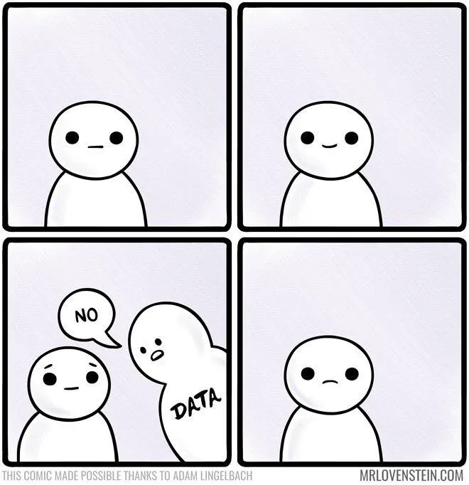 A four-panel comic by Mr. Lovenstein. A character starts with a neutral expression, smiles, is then told 'NO' by a ghostly figure labeled 'DATA,' and ends with a sad expression.