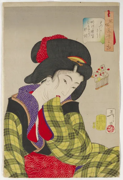 Appearing Embarrassed: Behavior of a Girl of the Meiji Period, from the series Thirty-two Aspects of Behaviors (Fuzoku sanjūni sō) by Published by Tsunashima Kamekichi, Carved by Yada Yūjirō