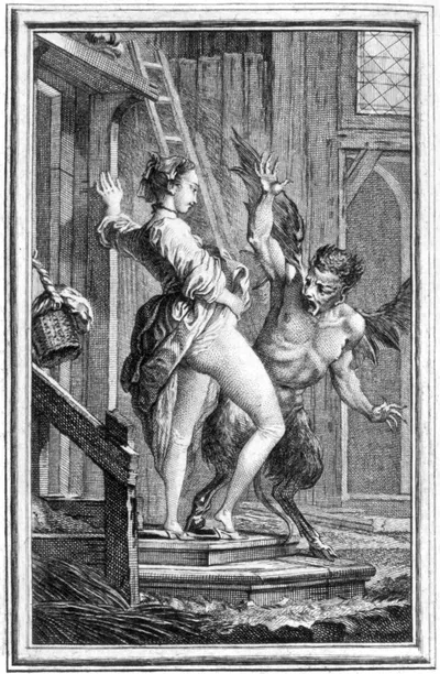 Illustration of "The Devil of Pope-Fig Island", from the Fables of Fontaine by Charles-Dominique-Joseph Eisen