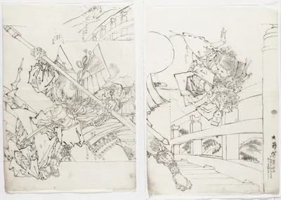 Preparatory drawing and final print of Picture of the Gojō Bridge from the Chronicle of Yoshitsune by Published by Morimoto Junzaburō