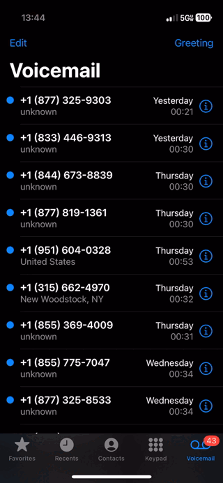 An animated GIF showing me scrolling through the spam voicemail on my phone